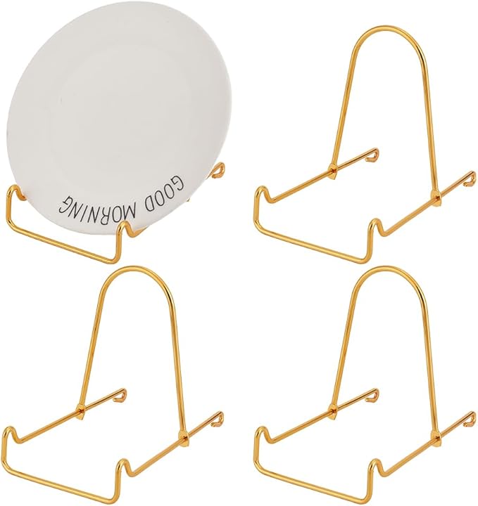 4 Packs Iron Display Stand Ornaments Display Dish Holder Bowl Deep Platter Rack Decorative Plates Easel Tabletop Showcase Stands Gold Iron Easels for Display Pictures, Book