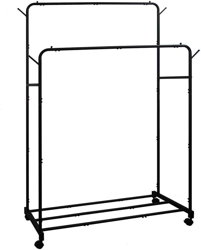 AT-VALY Double Rod Clothing Rack with wheels,Garment Rack for Hanging Clothes,Multi-functional Bedroom Clothes Rack (Black)