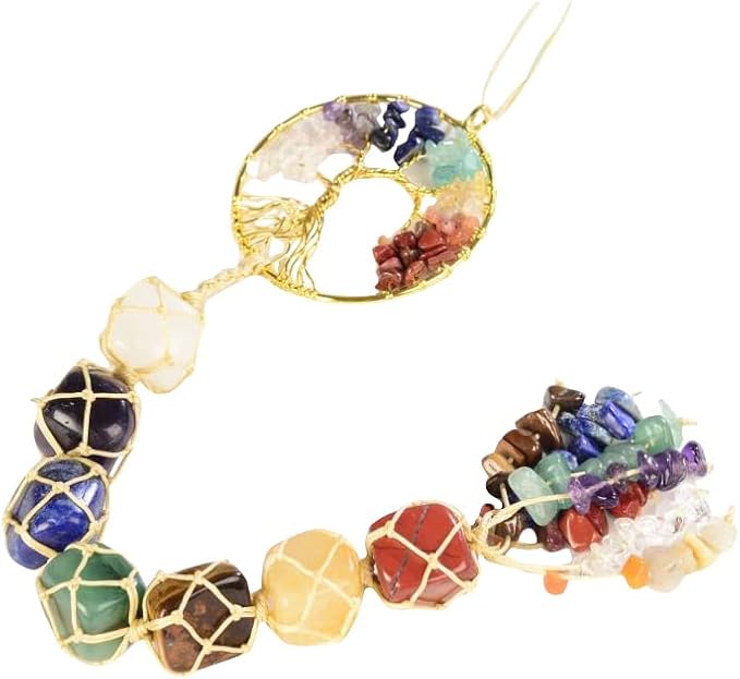 Handmade Crystal Window Car Hanging Ornaments 7 Chakra Home Decoration Feng Shui Ornament Yoga Meditation Car Decoration Tumbled Palm Stones (Tree of Life)