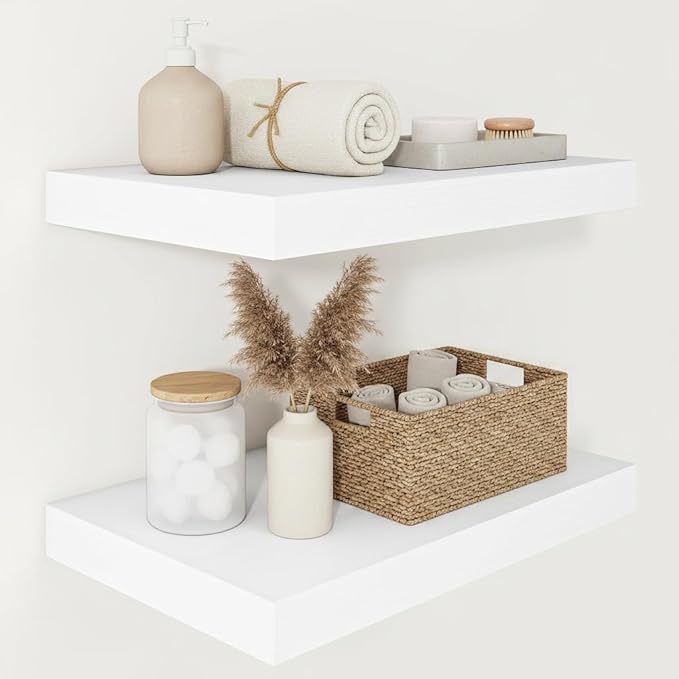 Vivelove 24/36/48/16 Inch Floating Shelves for Wall, 12 Deep Shelves for Room Wall Mounted, 2" Thick Floating Shelf for Living Room Bedroom Bathroom Kitchen Laundry Room, Set of 2 White