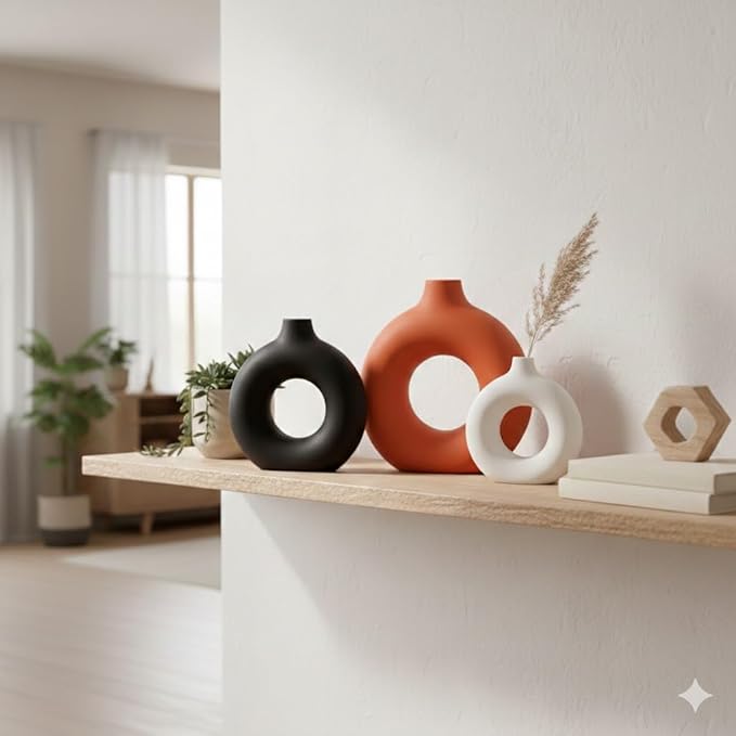 Querro Modern Ceramic Vase Set of 3 - Minimalist Matte Decorative Flower Vases for Modern Farmhouse Home Decor | Small Aesthetic Vases for Living Room Shelf, Table Centerpiece, Mantle, Office Decor