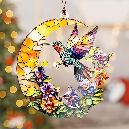 Hummingbird Gifts for Women, for Mom & Grandma from Son Daughter, Hummingbird Ornaments Mom Gift, Moon Ornament Decor for Bird Lovers, Purple Flower Hanging Decor, Home Decorations
