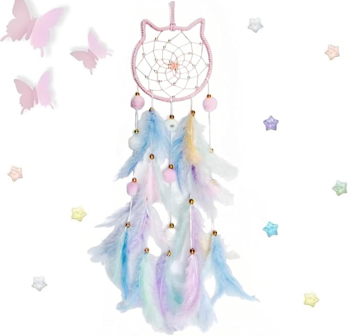 Fun-Plus Pink Dream Catcher Wall Hanging Set - 10 Butterflies & 16 Stars, Boho Room Decor for Girls, Easy Peel & Stick Wall Art for Bedroom, Nursery, Teen Room for Daughter, Birthday, Christmas