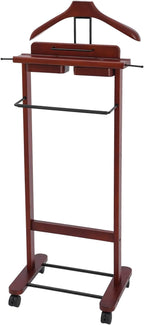 66.14 Lbs Capacity Wood Valet Stand, Clothes Valet Rack with 4 Universal Wheels, Freestanding Clothing Stand with Drawers Tie Rods and Shoe Rack, Reddish Orange