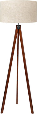 LEPOWER Wood Tripod Floor Lamp, Mid Century Standing Lamp, Modern Design Studying Light for Living Room, Bedroom, Study and Office, Flaxen Linen Shade with E26 Base Brown