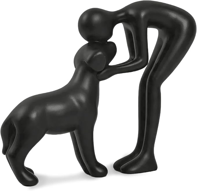 Abstract Resin Hand-Painted Sculpture of Person and Dog Bonding – Head-to-Head Intimate Figurine Decoration for Office、Living Room、Bedroom、Home， Memory Gifts for Pet Lovers (Black)