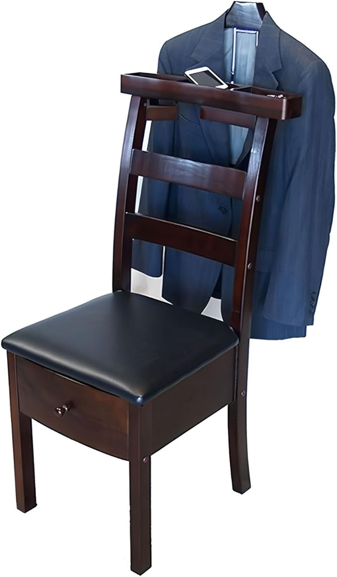 Wooden Valet Chair With Drawer Contour Hanger Mens Suit Valet Stand Clothes Butler Freestanding Clothes Rack For Men Women For Living Room Entryway Office