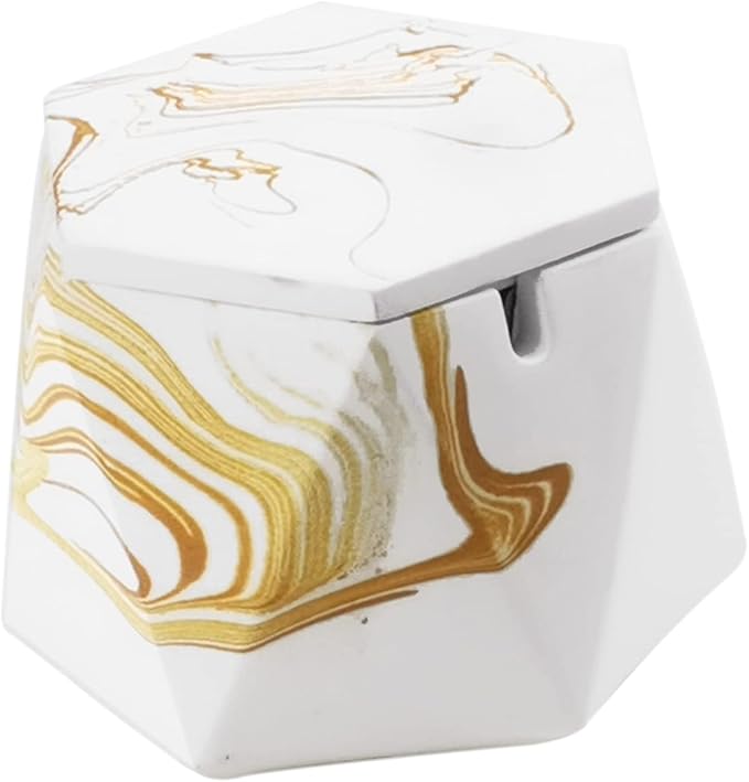 FREELOVE Concrete Ashtray with Lid & Stainless Steel Ashtrays for Cigarettes, Cement Ash Tray Smoking Holder Indoor Smokeless Outdoor Windproof Patio Home Office Cool Decor(Gold Marble, Large)