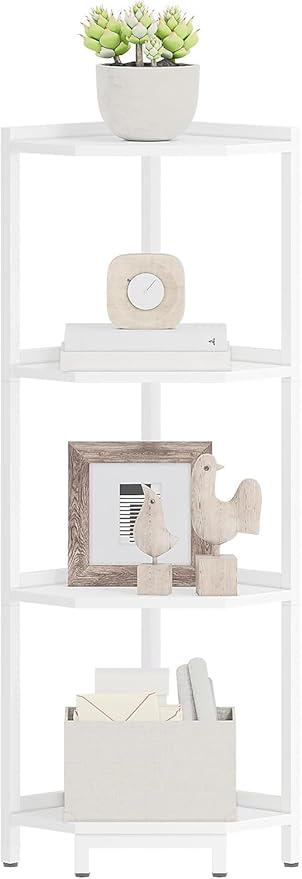 Hzuaneri Corner Shelf Stand, Corner Bookshelf, Storage Standing Shelf Unit with Metal Frame, Plant Stand, Bookcase for Living Room, Home Office, Bedroom, 4-Tier White CS05813W