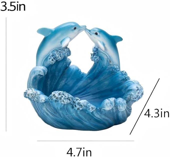 Dolphin Resin Statue with Wave Base,Coffee Table Decor,Small Desktop Decor for Home Office Shelf, Mini Bowl for Keys Coins Jewelry, Romantic Gift for Mom Girlfriend Grandma.