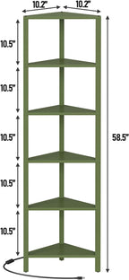 TUTOTAK Corner Shelf with LED Light, 6-Tier Corner Bookshelf for Small Space, Narrow Display Corner Shelf Stand with Storage Rack, for Living Room, Bedroom, Olive Green BS05BOG006L