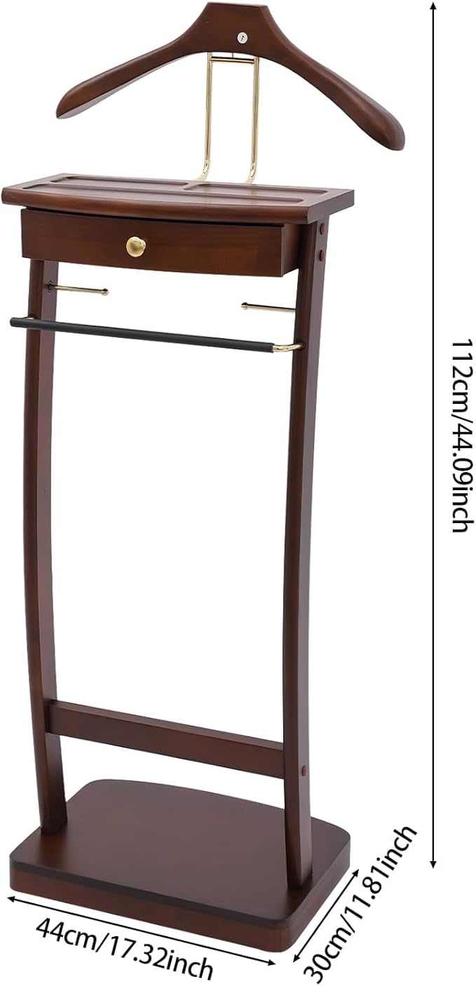 Wooden Suit Valet Stand | Freestanding Clothes Rack with Drawer & Sturdy Base, Ideal for Home Office Hotel