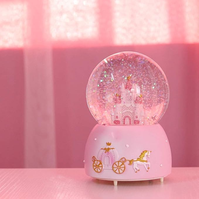 Castle Snow Globes Luminous Music Box Cartoon Christmas Snow House Automatic Spray Rotating Crystal Ball with Color Changing LED Lights for Home Decoration Birthday Gift