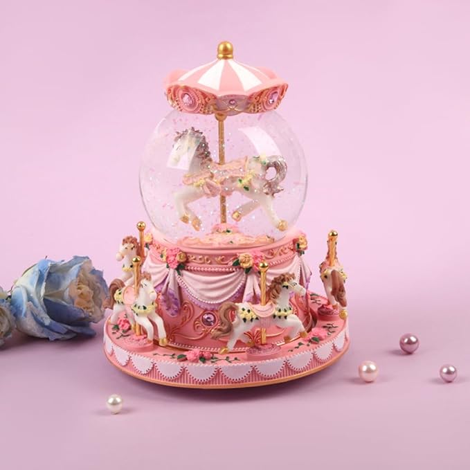 Carousel Horse Music Box Snow Globe, Light Up Pink Unicorn Design, Christmas Decor, Birthday, Valentine's Day Gift for Girls/Women Kids