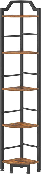 HOOBRO Narrow Corner Shelf Stand, 5-Tier Corner Shelf, 63” Tall Multipurpose Corner Bookshelf, Standing Display Shelf Plant Stand, for Living Room, Study, Kitchen, Rustic Brown and Black BF100CJ01
