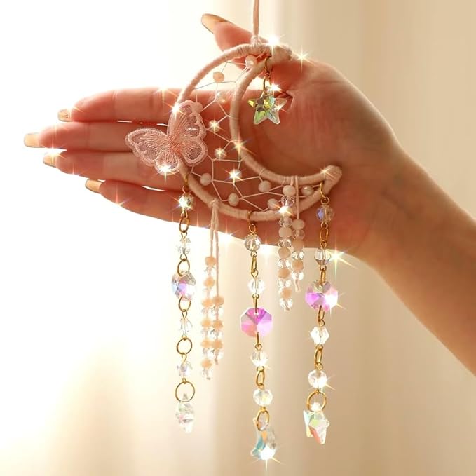 Artilady Dream Catcher for Girls - Pink Butterfly Small Moon Dream Catchers with Crystals Cute Room Decor for Teen Girls Boys Boho Bedroom Wall Home Decorations Birthday Christmas Kids Gifts