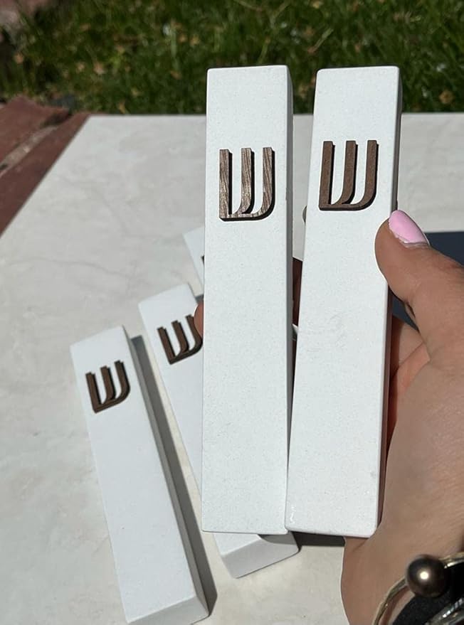 A&S Mezuzot Modern Concrete Mezuzah Case with Scroll, Easy Peel and Stick Mezuza (White+ Wood Shin, 5 Inches)