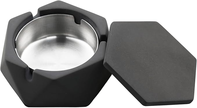 FREELOVE Concrete Ashtray with Lid & Stainless Steel Ashtrays, Cement Ash Tray Smoking Holder Indoor Smokeless Outdoor Windproof Patio Home Office Cool Decor(Dark Grey, Small)