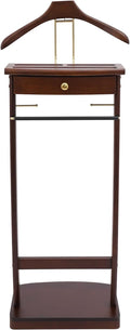 Suit Valet Stand for Men and Women, Wood Suit Stands Butler Clothing Rack, Floor Standing Clothes Valet with Drawer, Top Tray, Contour Hanger, Trouser Bar, Belt Hooks & Shoe Rack (Walnut Color)