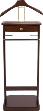 Suit Valet Stand with Base, Wooden Clothes Valet Stand with Drawer, Contour Hanger, Trouser Bar & Tie Bar Freestanding Women Men Valet Stand for Home Office Hotel