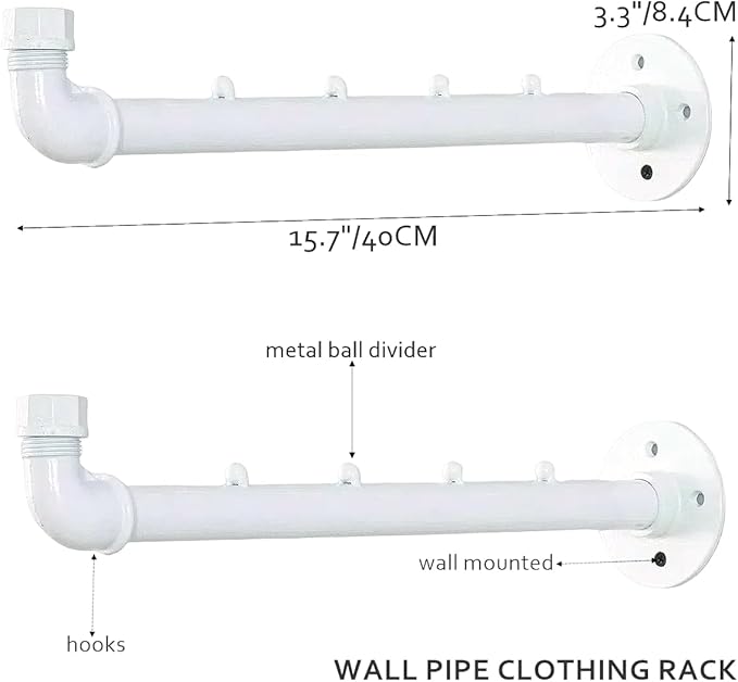Industrial Wall Pipe Clothing Racks - Heavy Duty Metal Clothes Hanger with Hook, Wall-Mounted Garment Holder Racks,Wall Clothing Bar/Coat Hanging Rail/Hanging Rod for Closet Storage, 2 Pack, White