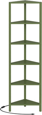 TUTOTAK Corner Shelf with LED Light, 6-Tier Corner Bookshelf for Small Space, Narrow Display Corner Shelf Stand with Storage Rack, for Living Room, Bedroom, Olive Green BS05BOG006L