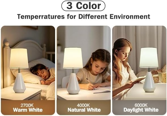Small Bedside Table Lamp for Bedroom-Reading Desk Lamp Set of 2,with 3 Color Temperatures,15.5" Nightstand Ceramic Lamp with Fabric Shade for Kids Room,Living Room,Dorm,Home Office(White)