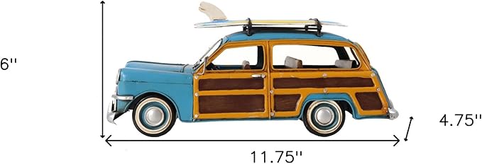 HomeRoots 6" Blue and Yellow Metal Hand Painted Decorative Car