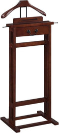 Wooden Wardrobe Valet Stand with Drawer Hanger Elegant Clothes Organizer with Trouser Bar Belt Hooks Shoe Rack and Storage Tray for Bedroom Closet, Dark Walnut