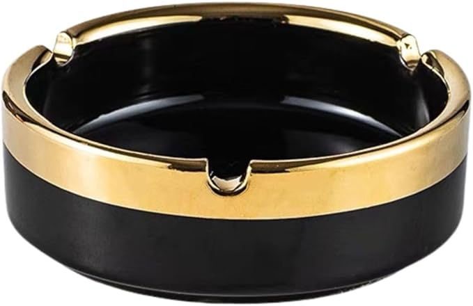 Saim Round Ceramic Gold Edge Cigar Ashtray for Cigar, Desktop Smoking Ash Tray Home Office 3.7" ×1.5" (Black)