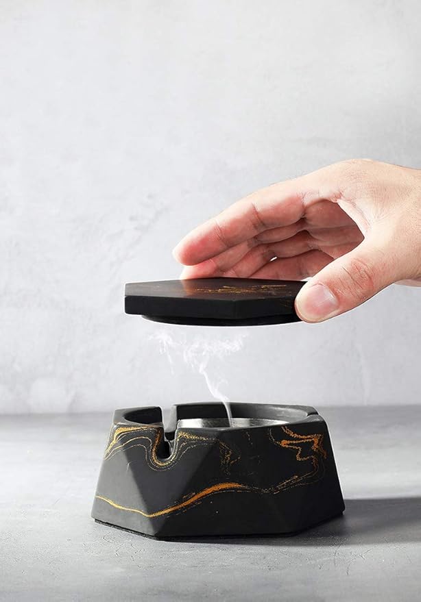 FREELOVE Concrete Ashtray with Lid & Stainless Steel Ashtrays for Cigarettes, Cement Ash Tray Smoking Holder Indoor Smokeless Outdoor Windproof Patio Home Office Cool Decor(Black-Gold, Small)