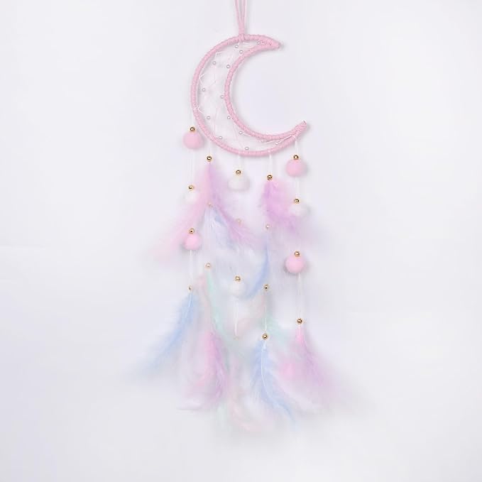 Pretty Jolly Pink Moon Kids Dream Catcher Wall Decor Pompom Feather Baby Dreamcatcher Handmade Children Dream Catcher Home Décor Wall Hanging for Nursery Bedroom Boys Girls Birthday Gift-25.6in