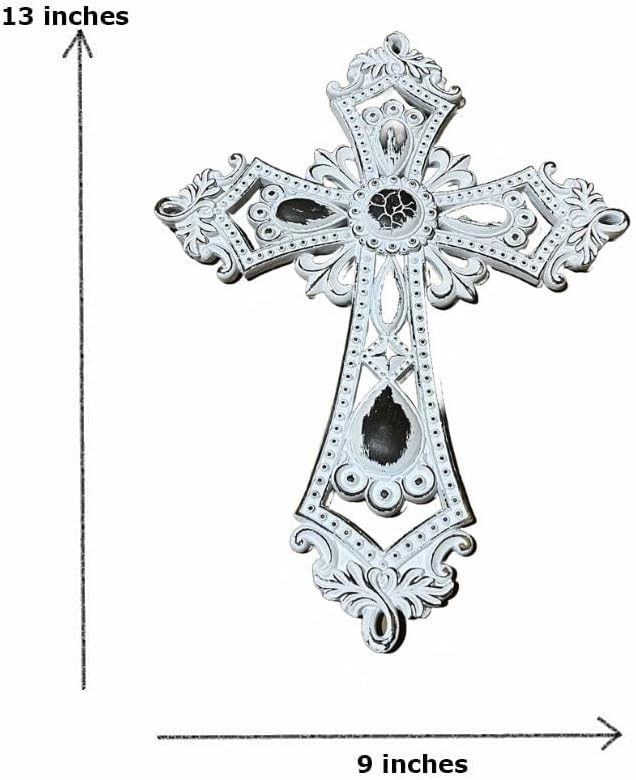 Comfy Hour 13.8" Decorative Hollow Out Wall Cross, Rustic White Victorian Style Religious Plaque, Artisan Finished Spiritual Wall Art for Home Sanctuary & Office, Polyresin Sculpture, 1 Piece