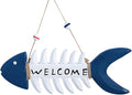 Miyolo Fish Wall Decor Mediterranean Beach Themed Welcome Sign Wooden Fish Skeleton Nautical Ornament for Kids Room Kindergarten School Bathroom 10.8" x 3.8" Porch Door Hanging Decorations