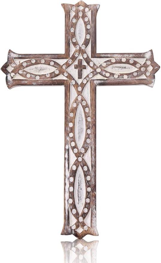 S.B.ARTS Christian Wooden Wall Cross Handmade Antique Design Hanging Wall Crucifix with Hand Carvings Hanging Cross for Wall Decor Church Hanging Ornament, Living Room Home Decor Small 8 Inches- White