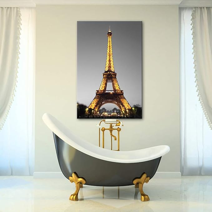 DekHome Paris Cityscape Canvas Wall Art Eiffel Tower at Night Canvas Picture Giclee Print Gallery Wrap Modern Home Decor Framed Ready to Hang 24"x36"