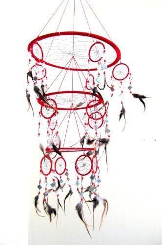 OMA Red Dream Catcher, 3D Design with Mosaic Glass and Feathers, Boho Home Decor Bedroom Decoration Gift Large Size - 30" Long x 9" Diameter