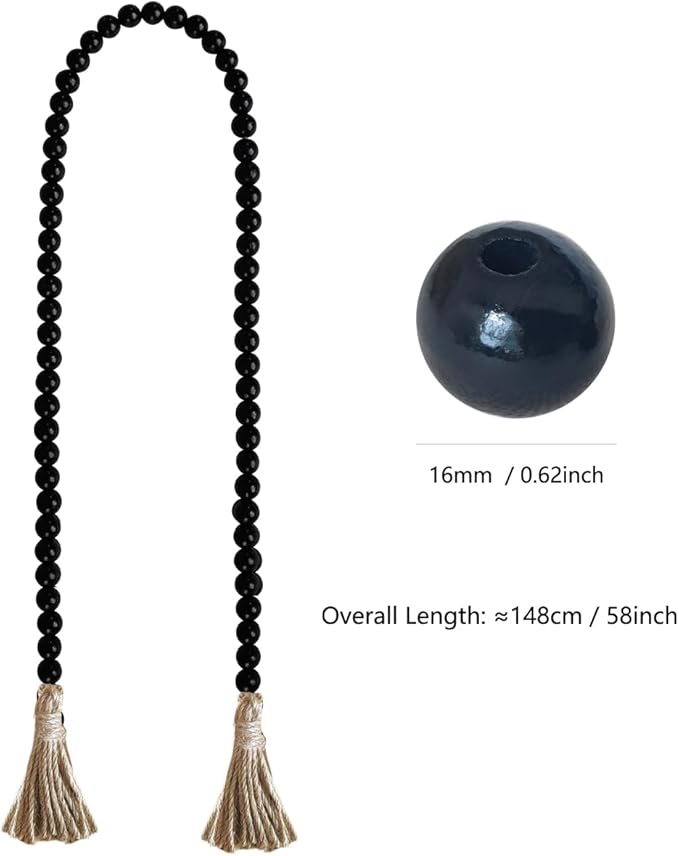 Boho Decor Wood Beads Garland Farmhouse Wall Hanging Decorations Natural Wooden Bead Tassel Decorative for Coffee Table Christmas and Prayer (Black, 58")