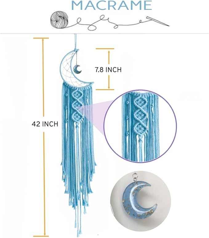 Dream Catchers Moon Dream Catcher with Light, Blue Dream Catcher for Girls Room Wall Decor for Women, Macrame Dreamcatcher Boho Bedroom Decor for Teen Girls Boys for Mom Room Decor