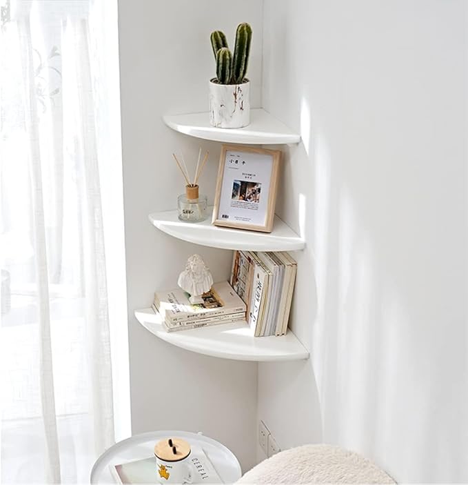 White Corner Shelf, Wall Mount 10inch Natural Oak Wood Floating Corner Wall Shelf Round End Small Corner Nightstand Plant Shelf for Bedroom, Kitchen, Living Room Set of 2