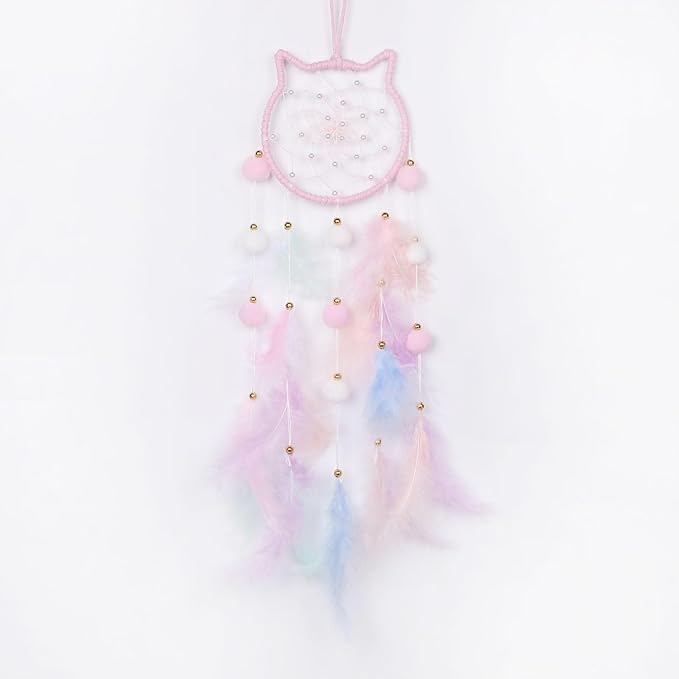 Pretty Jolly Pink Cat Kids Dream Catcher Wall Decor Pompom Feather Baby Dreamcatcher Handmade Children Dream Catcher Home Décor Wall Hanging for Nursery Bedroom Boys Girls Birthday Gift-25.6in