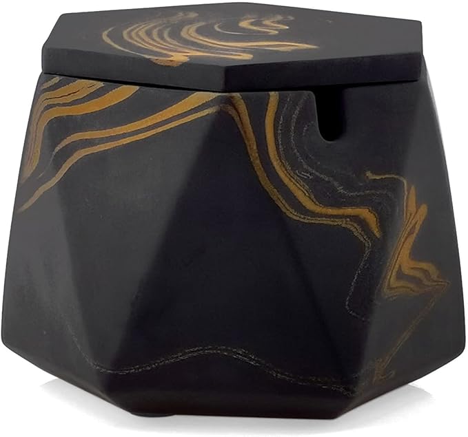 FREELOVE Concrete Ashtray with Lid & Stainless Steel Ashtrays for Cigarettes, Cement Ash Tray Smoking Holder Indoor Smokeless Outdoor Windproof Patio Home Office Cool Decor(Black-Gold, Large)