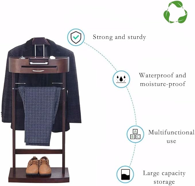 Suit Valet Stand for Men, Freestanding Clothes Valet Stand with Base, Walnut Color