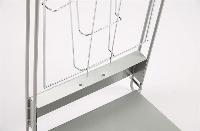 Displays2go Portable Literature Stand with 10 Pockets for 8.5x11 Magazines, Carrying Bag Included, 54" h Floor-Standing Magazine Rack with Tiered Design, Steel (Silver)