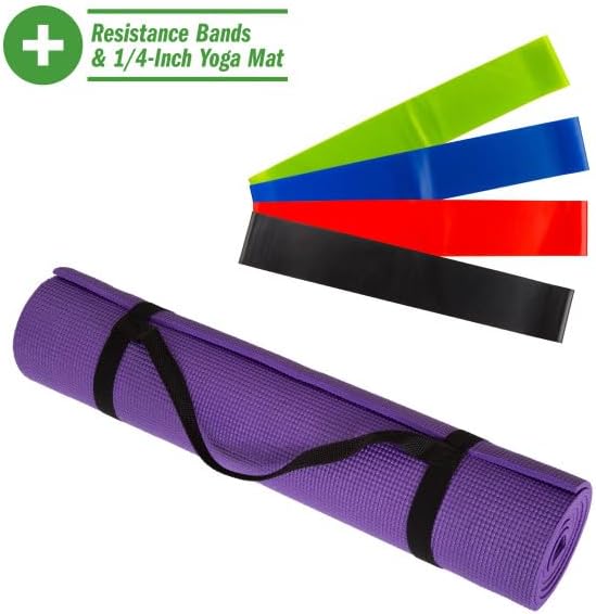 Wakeman Yoga Mat Set - 4-Pack of Resistance Bands for Working Out with 1/4-Inch Workout Mat - Home Gym Starter Kit - Exercise Equipment by Wakeman