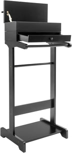 Suit Valet Stand with Drawer, Wooden Clothes Valet Organizer for Men, Mens Valet Stand with Top Tray, Freestanding Suit Hanger with Trouser Bar, Shoe Rack, Black