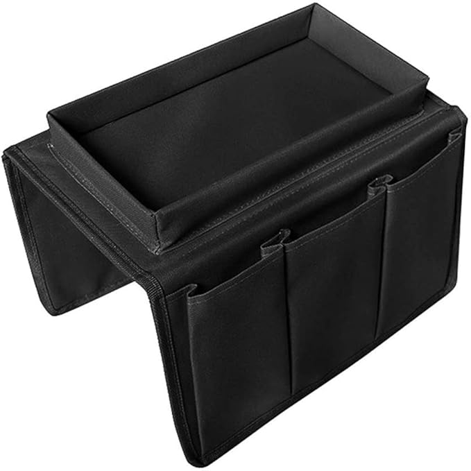 Sofa Armrest Organizer, Couch TV Remote Storage Organizer with Pockets for Recliner Armchair Snacks Glasses Smartphone Magazines Pouch (Black)