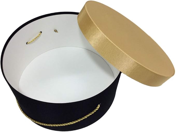 Sarah's Hat Boxes Classic Black/Gold Hat Box – 18.5" x 9.5" (Dia. x Ht.) Handmade in USA – Odorless Non-Toxic Adhesive, Cording Handle – Premium Storage for Hats & Accessories