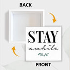 Rustic Farmhouse Home Wooden Signs, Stay Awhile Sign, Living Room Decor, Farmhouse Style Quality Print, Home Desk Decoration, Housewarming Gift, Box Sign Decor Tabletop, 5.1x5.1inches