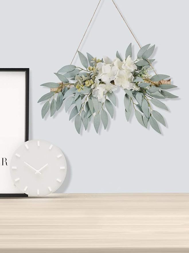 Artificial Hydrangea Swag,Handmade Floral Swag Garland Wall Decor with White Hydrangea Flowers and Willow Leaves Decorative Log Branch Hanging Hoop for Wall Window Bohemian,11.8